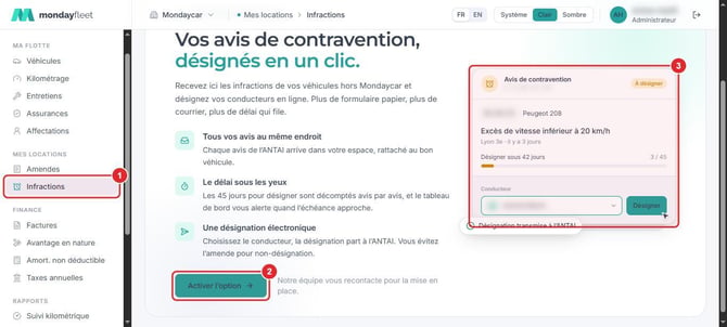 Page Infractions : menu, bouton Activer l’option et aperçu d’un avis à désigner