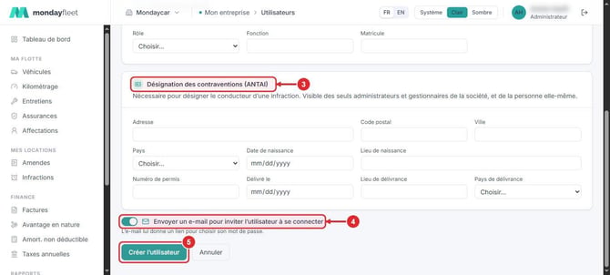 Section Désignation des contraventions (ANTAI) dans la fiche utilisateur